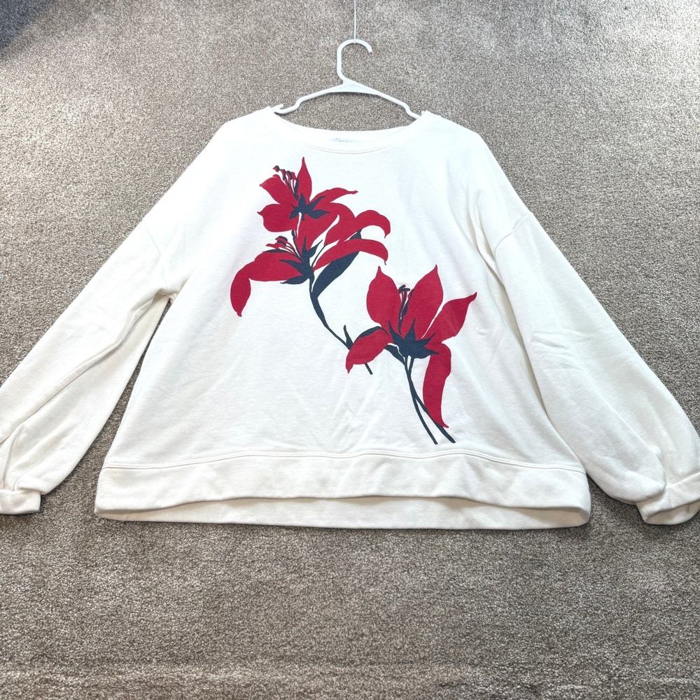 Liz Claiborne Womens XXL Cream Red Floral Crewneck Sweatshirt VTG Grandmacore